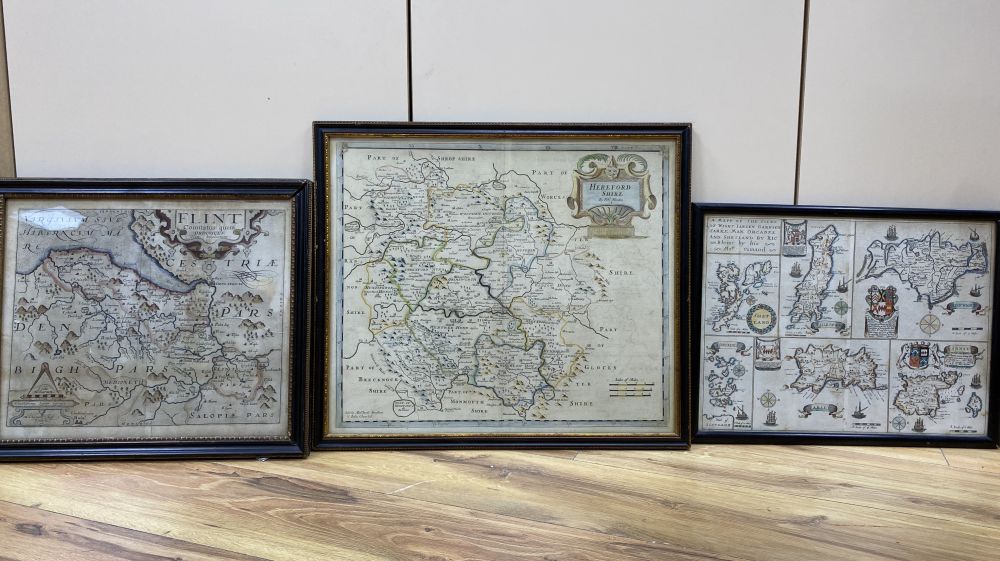 Three antique coloured engraved maps, Robert Morden, Herefordshire, Christopher Saxton, Flint and Richard Blome, Isles of Great Britain